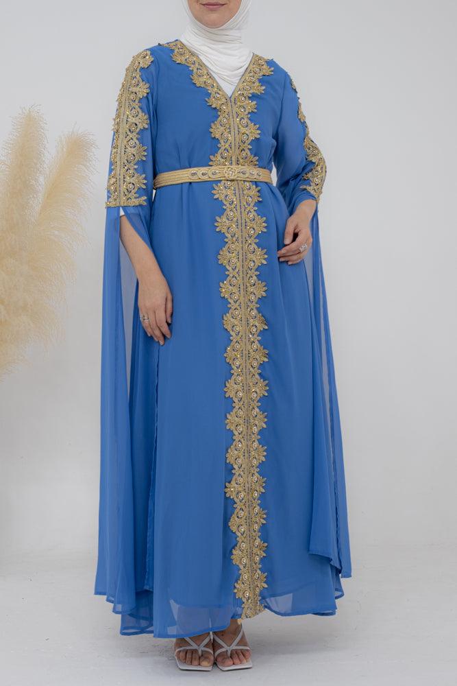 Collyer Kaftan Dress with luxury embroidery detachable belt and sultan sleeves in Light Blue - ANNAH HARIRI