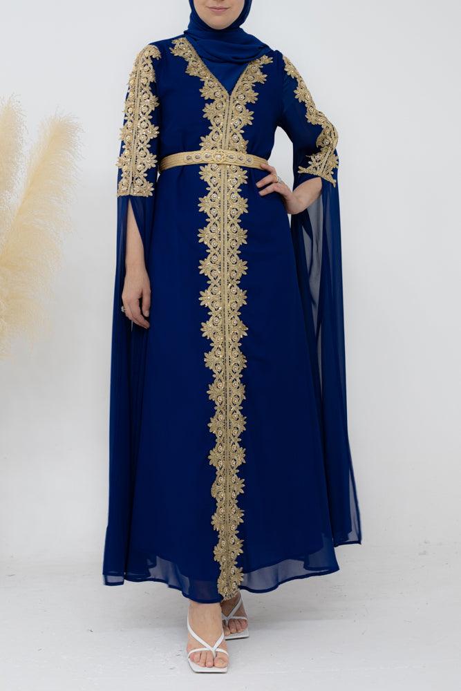 Collyer Kaftan Dress with luxury embroidery detachable belt and sultan sleeves in Royal Blue - ANNAH HARIRI