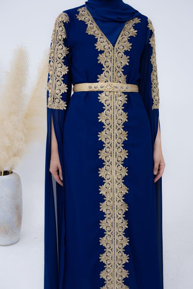 Collyer Kaftan Dress with luxury embroidery detachable belt and sultan sleeves in Royal Blue - ANNAH HARIRI