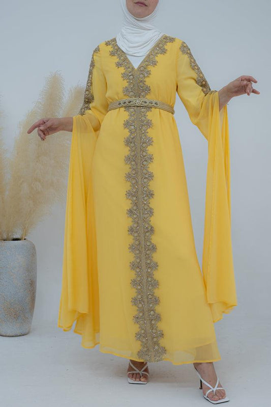Collyer Kaftan Dress with luxury embroidery detachable belt and sultan sleeves in yellow - ANNAH HARIRI