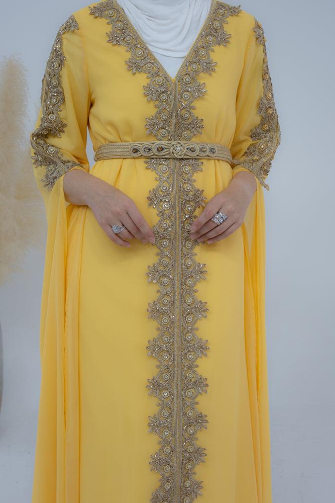 Collyer Kaftan Dress with luxury embroidery detachable belt and sultan sleeves in yellow - ANNAH HARIRI