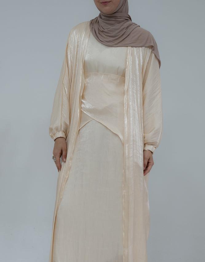 Dream Sister faux organza maxi abaya with slip dress and apron set in beige - ANNAH HARIRI