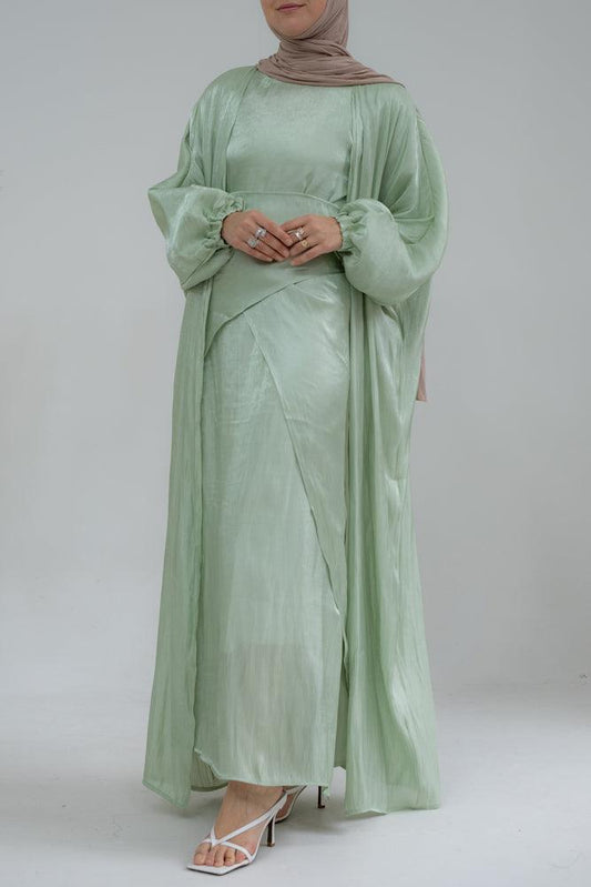 Dream Sister faux organza maxi abaya with slip dress and apron set in mint green - ANNAH HARIRI