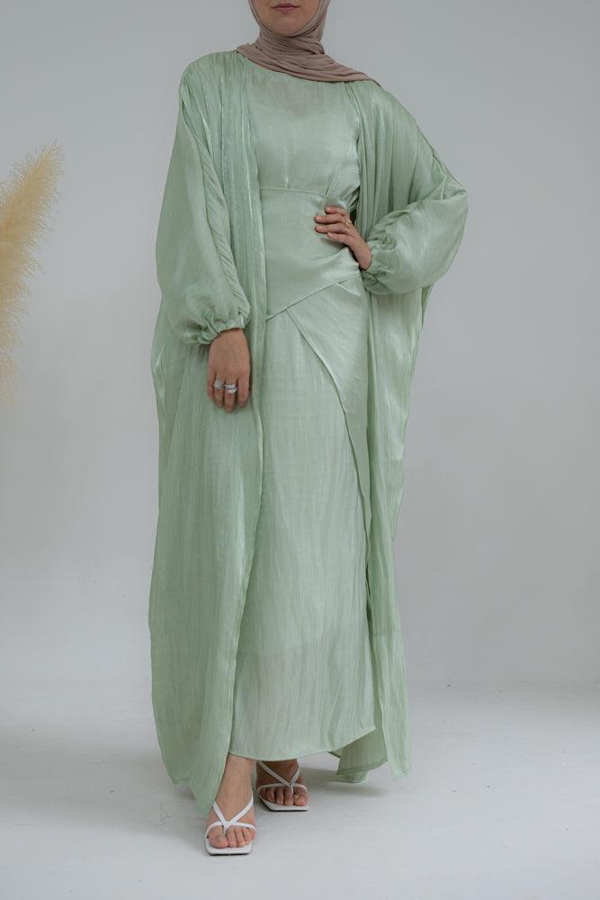Dream Sister faux organza maxi abaya with slip dress and apron set in mint green - ANNAH HARIRI