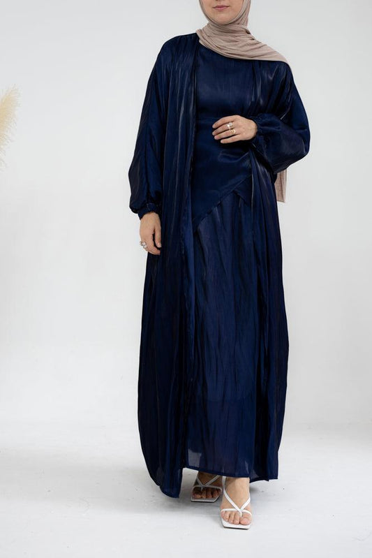 Dream Sister faux organza maxi abaya with slip dress and apron set in navy - ANNAH HARIRI
