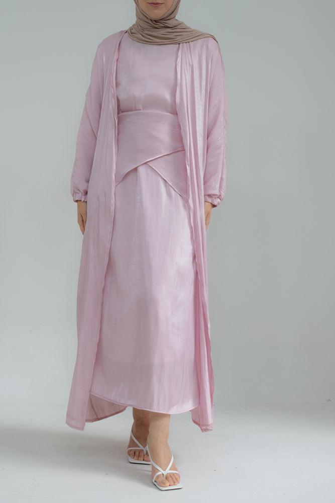 Dream Sister faux organza maxi abaya with slip dress and apron set in pink - ANNAH HARIRI