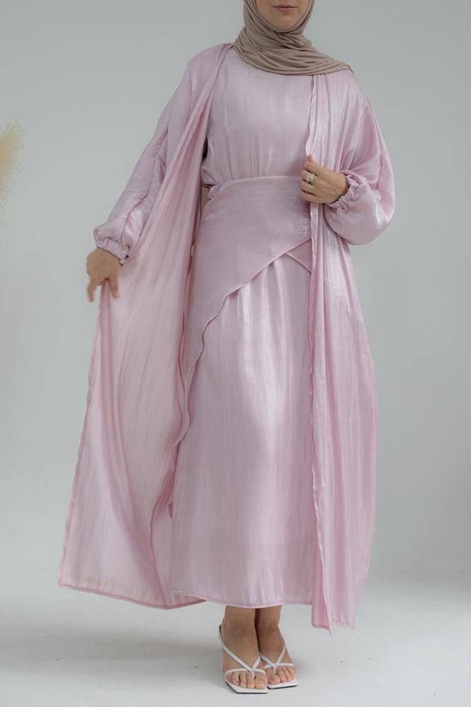 Dream Sister faux organza maxi abaya with slip dress and apron set in pink - ANNAH HARIRI