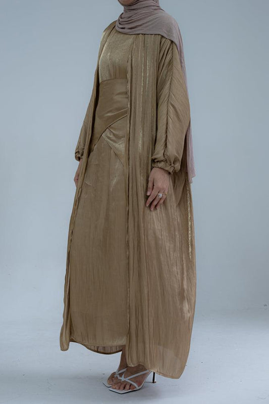 Dream Sister faux organza maxi abaya with slip dress and apron set in taupe - ANNAH HARIRI