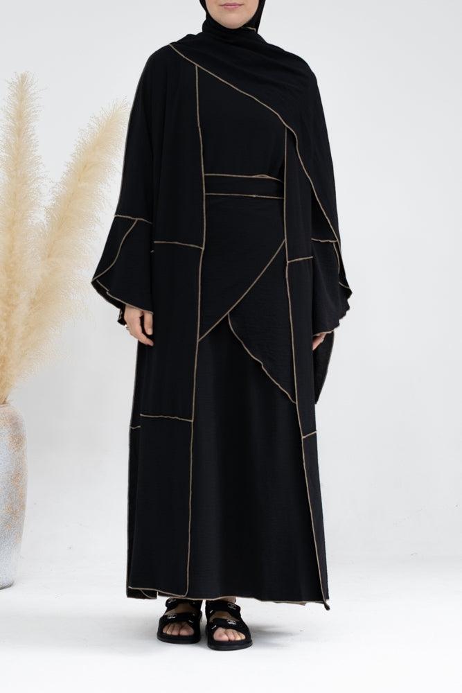 Eliza 4 piece abaya set with slip dress, abaya cape, apron with matching scarf in black with contrast overlock stitching in brown - ANNAH HARIRI