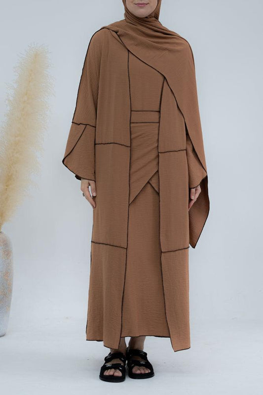 Eliza 4 piece abaya set with slip dress, abaya cape, apron with matching scarf in brown with contrast overlock stitching in black - ANNAH HARIRI