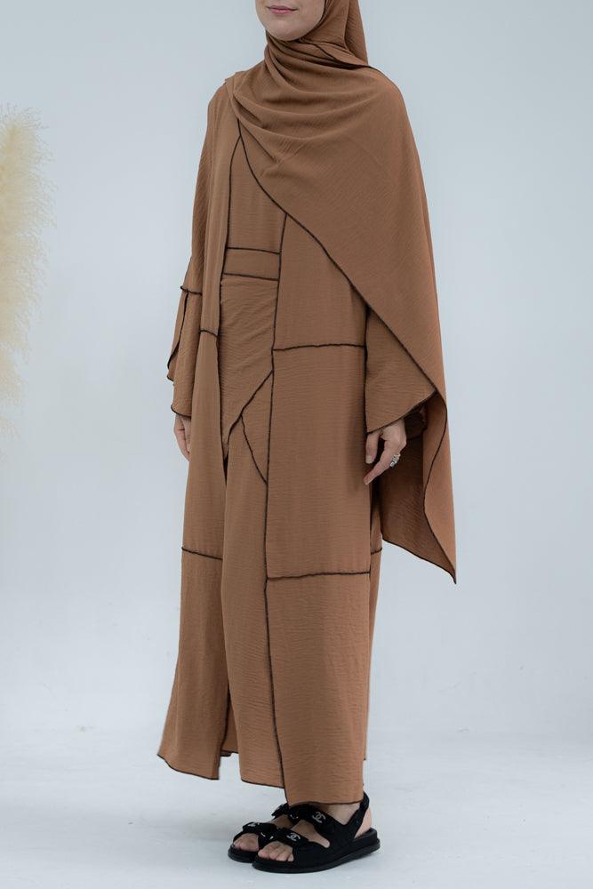 Eliza 4 piece abaya set with slip dress, abaya cape, apron with matching scarf in brown with contrast overlock stitching in black - ANNAH HARIRI