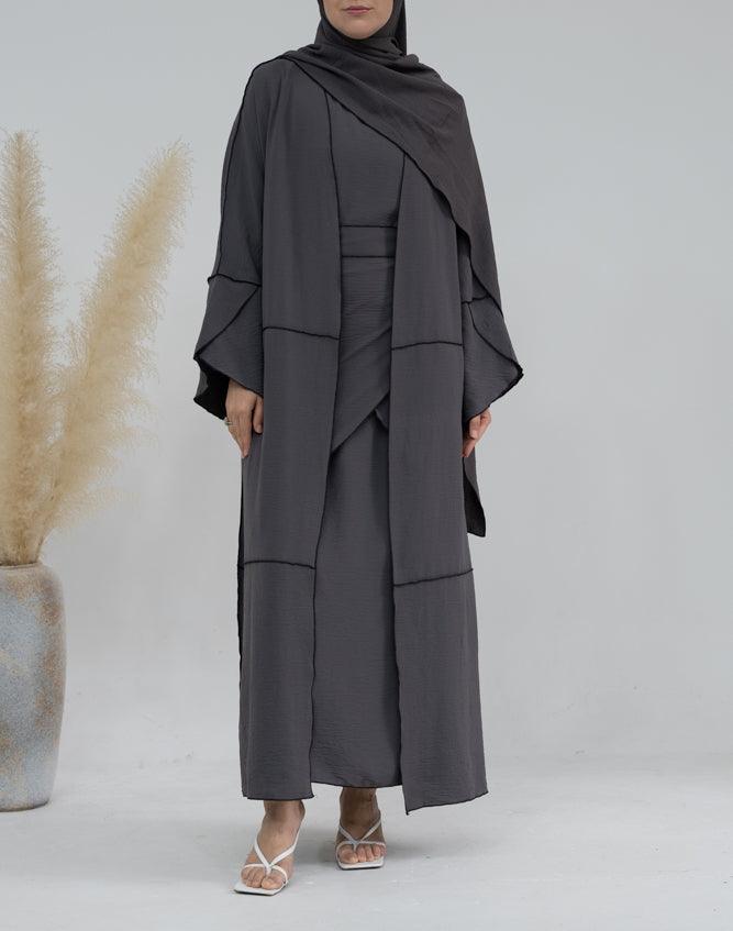 Eliza 4 piece abaya set with slip dress, abaya cape, apron with matching scarf in gray with contrast overlock stitching in black - ANNAH HARIRI