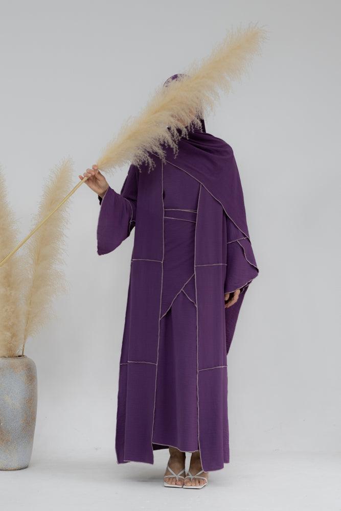 Eliza 4 piece abaya set with slip dress, abaya cape, apron with matching scarf in purple with contrast overlock stitching in beige - ANNAH HARIRI