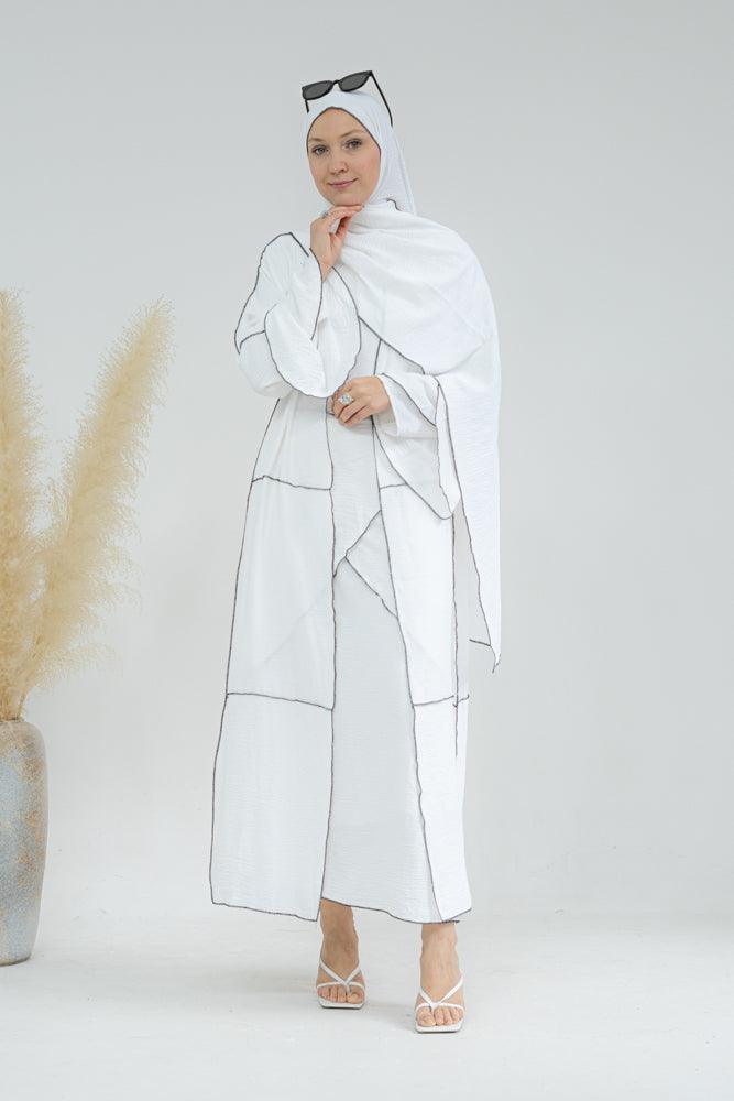 Eliza 4 piece abaya set with slip dress, abaya cape, apron with matching scarf in white with contrast overlock stitching in black - ANNAH HARIRI