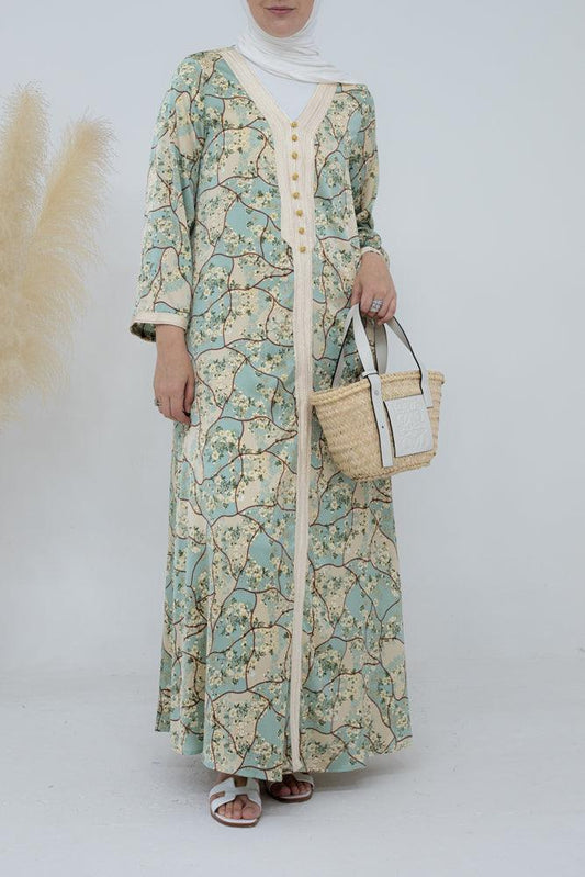 Everyday wear kaftan dress in ditsy floral with embroidery in light green - ANNAH HARIRI