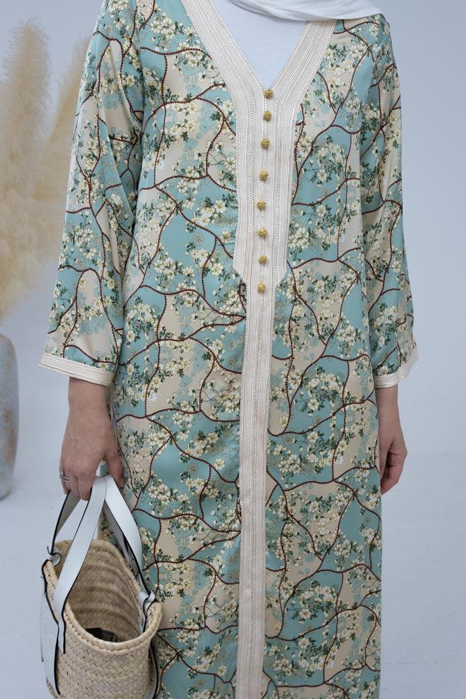 Everyday wear kaftan dress in ditsy floral with embroidery in light green - ANNAH HARIRI