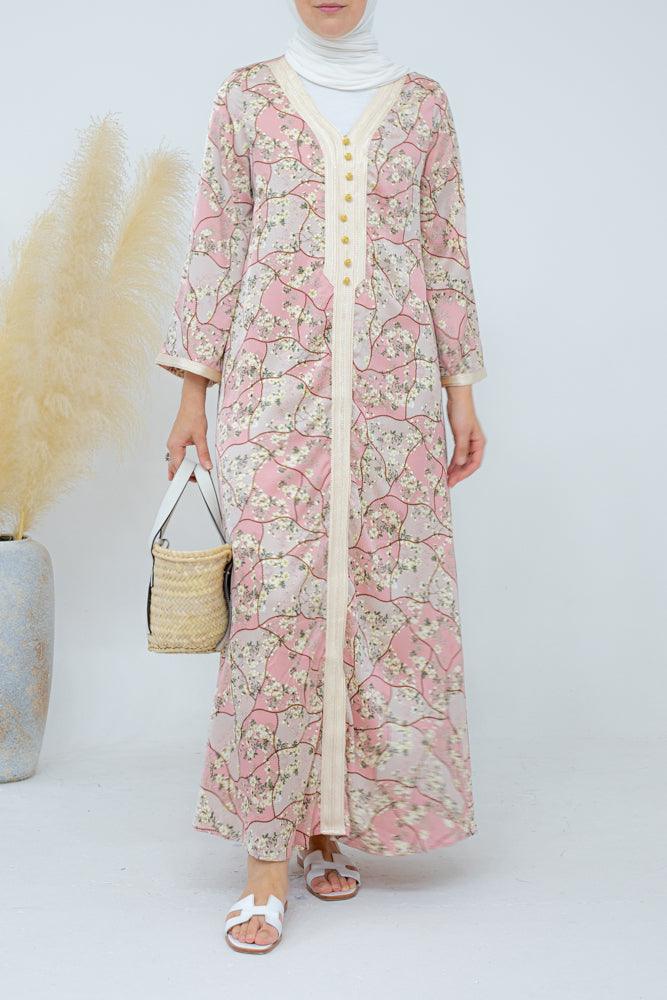 Everyday wear kaftan dress in ditsy floral with embroidery in pink - ANNAH HARIRI