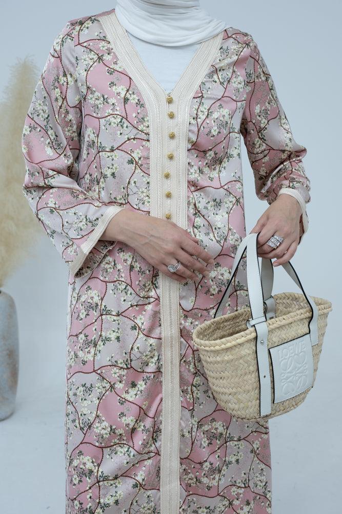 Everyday wear kaftan dress in ditsy floral with embroidery in pink - ANNAH HARIRI