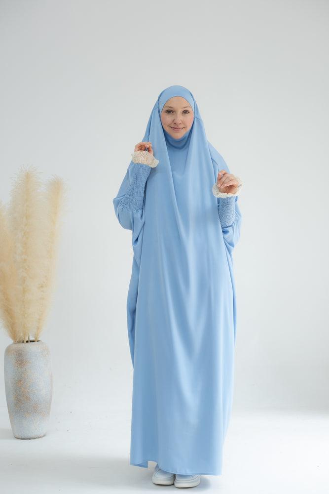 Gretaah prayer gown in khimar style with ribbed sleeve and lace cuff in Sky Blue - ANNAH HARIRI