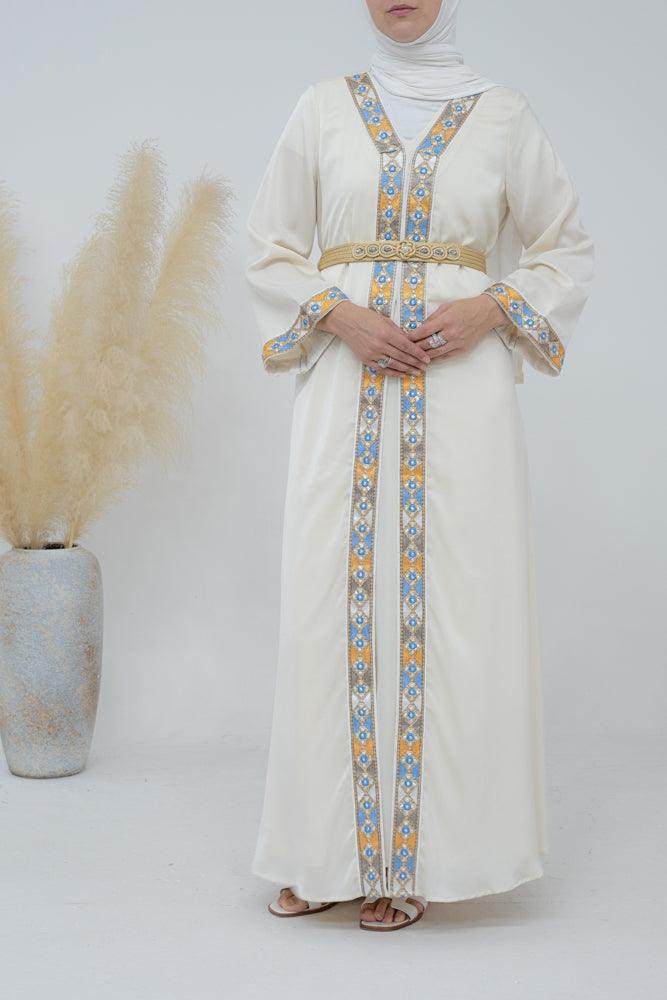 Honor kaftan dress with embroidery and detached belt in white - ANNAH HARIRI
