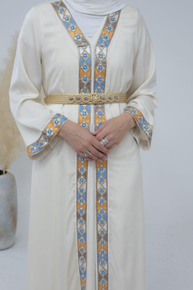 Honor kaftan dress with embroidery and detached belt in white - ANNAH HARIRI