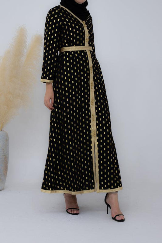 Hudsyn black pattern embroidered kaftan dress with a detachable belt - ANNAH HARIRI