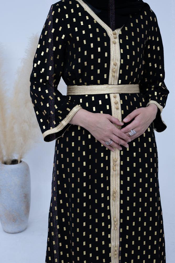 Hudsyn black pattern embroidered kaftan dress with a detachable belt - ANNAH HARIRI