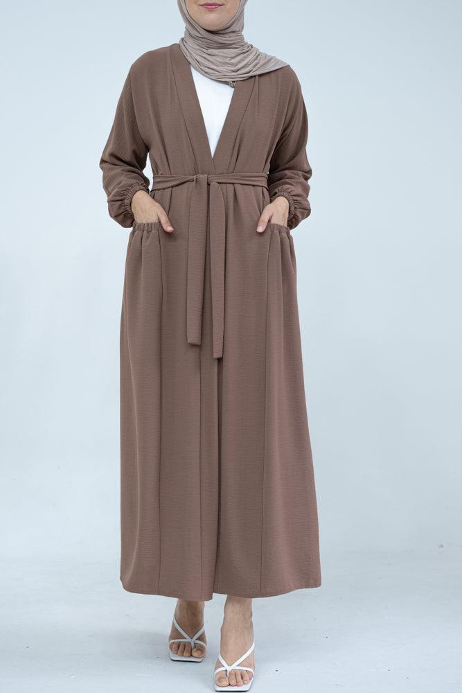 Juliyet open front abaya with pockets and detachable belt in coffee color - ANNAH HARIRI