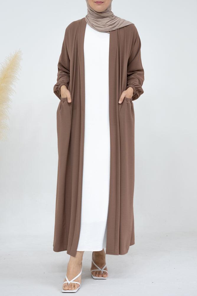Juliyet open front abaya with pockets and detachable belt in coffee color - ANNAH HARIRI