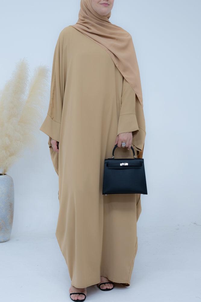 Katarina Batwing kimono sleeve Abaya with matching scarf hijab in beige - ANNAH HARIRI