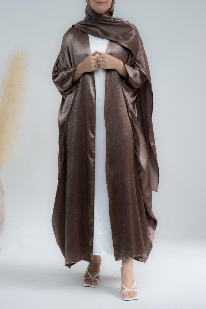 Limara shine bright abaya throw over batwing cut with a matching scarf in coffee color - ANNAH HARIRI