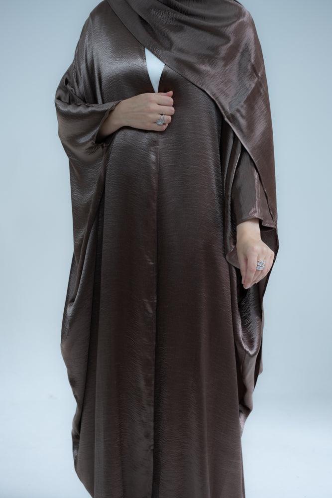 Limara shine bright abaya throw over batwing cut with a matching scarf in coffee color - ANNAH HARIRI