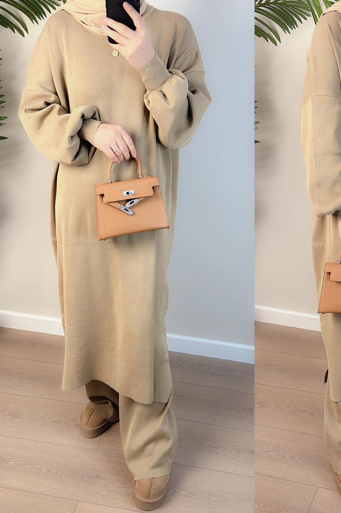 Linden premium mix and match loungewear set in khaki with trousers and midaxi top - ANNAH HARIRI