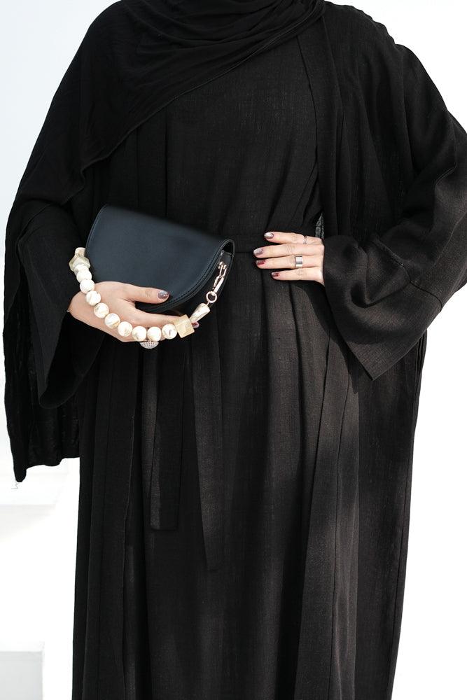Linen slip dress maxi length sleeveless in pure natural fabric in Black color - ANNAH HARIRI