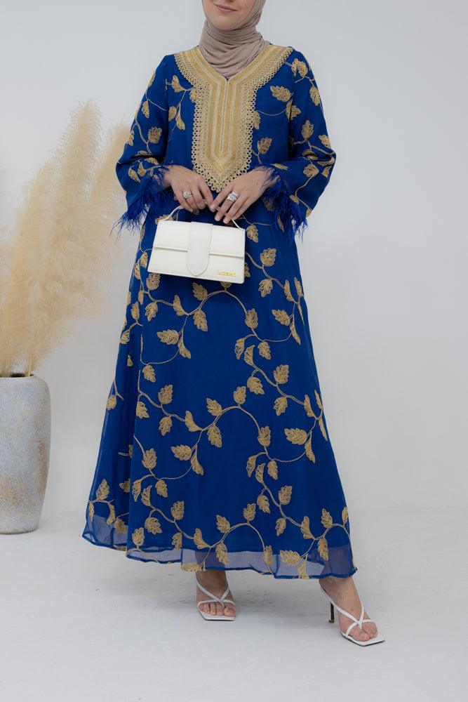 Listya Kaftan dress with leaves embroidery and feather decorated sleeve cuffs in royal blue - ANNAH HARIRI