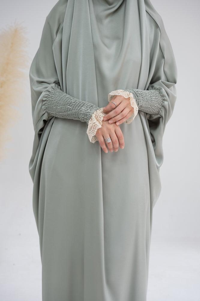 Little Gretaah prayer gown for kids in khimar style with ribbed sleeve cuff in Light green - ANNAH HARIRI
