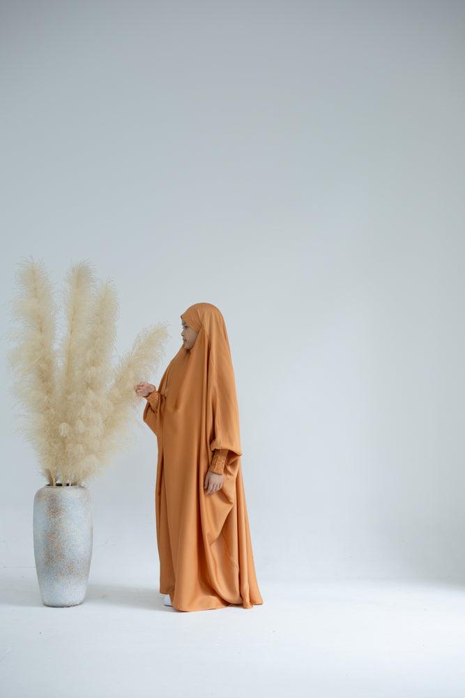 Little Gretaah prayer gown for kids in khimar style with ribbed sleeve cuff in Orange - ANNAH HARIRI