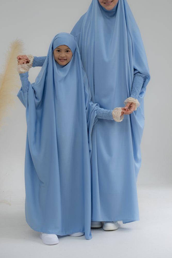 Little Gretaah prayer gown for kids in khimar style with ribbed sleeve cuff inSky Blue - ANNAH HARIRI