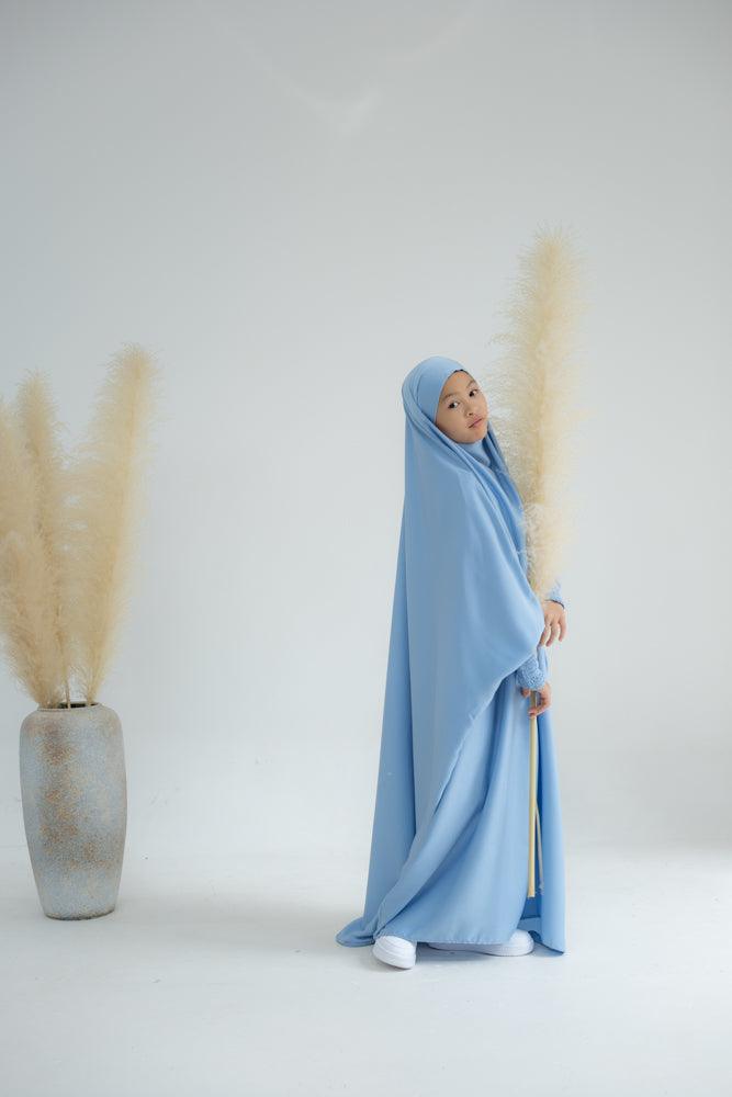 Little Gretaah prayer gown for kids in khimar style with ribbed sleeve cuff inSky Blue - ANNAH HARIRI