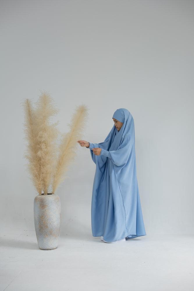 Little Gretaah prayer gown for kids in khimar style with ribbed sleeve cuff inSky Blue - ANNAH HARIRI