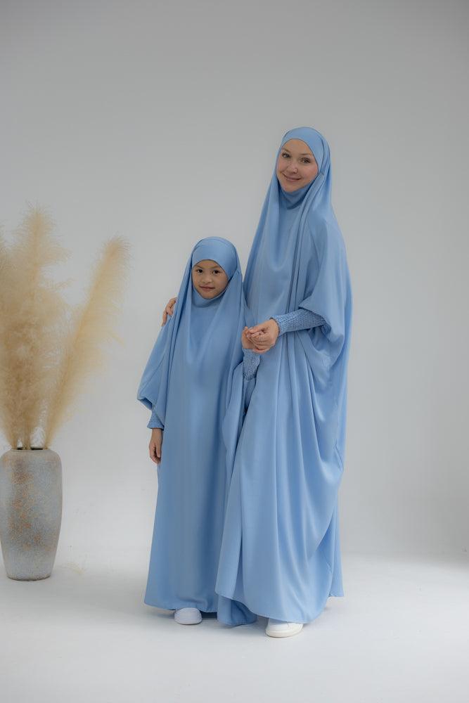 Little Gretaah prayer gown for kids in khimar style with ribbed sleeve cuff inSky Blue - ANNAH HARIRI