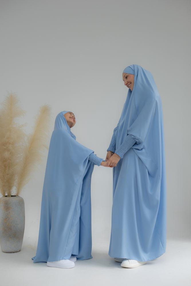 Little Gretaah prayer gown for kids in khimar style with ribbed sleeve cuff inSky Blue - ANNAH HARIRI