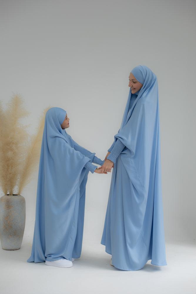 Little Gretaah prayer gown for kids in khimar style with ribbed sleeve cuff inSky Blue - ANNAH HARIRI