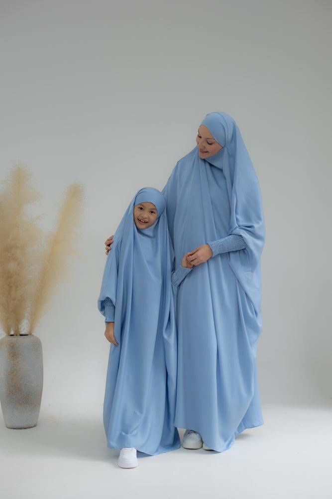 Little Gretaah prayer gown for kids in khimar style with ribbed sleeve cuff inSky Blue - ANNAH HARIRI