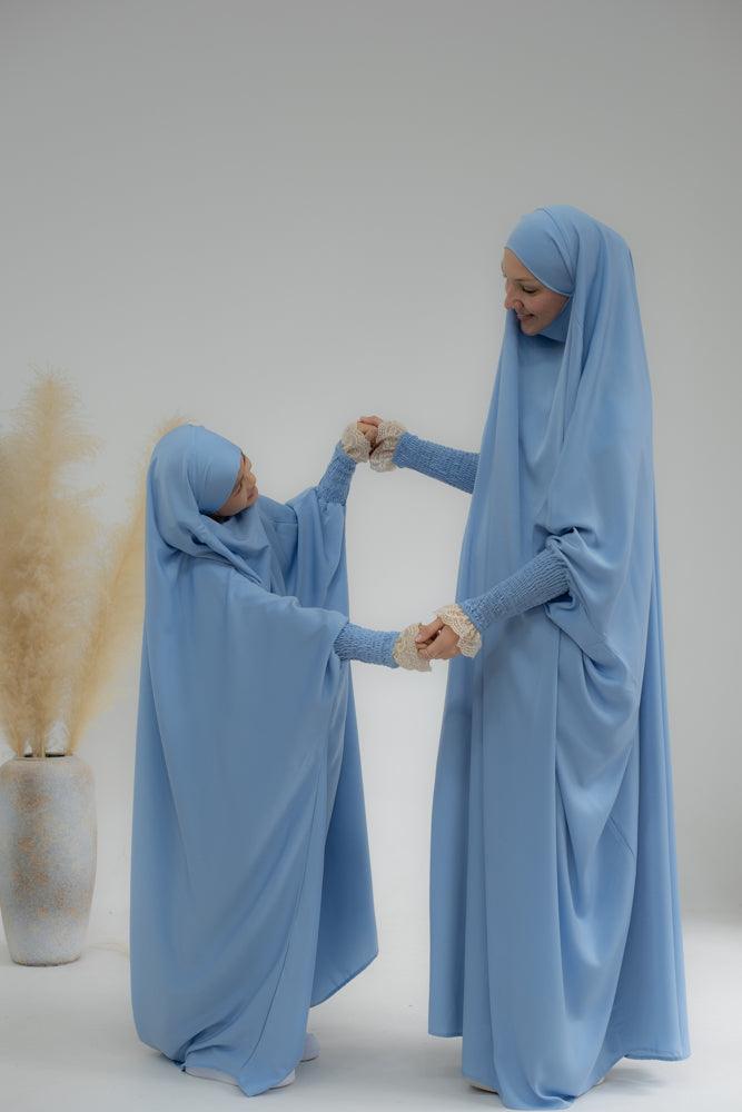 Little Gretaah prayer gown for kids in khimar style with ribbed sleeve cuff inSky Blue - ANNAH HARIRI
