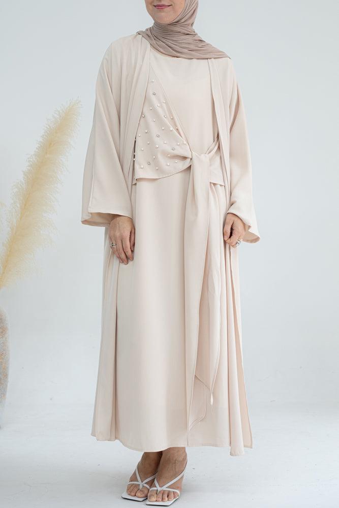 Llaura abaya set with embellished knot bodice and throw over in beige - ANNAH HARIRI