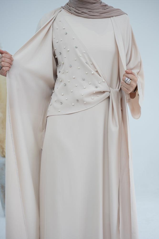 Llaura abaya set with embellished knot bodice and throw over in beige - ANNAH HARIRI