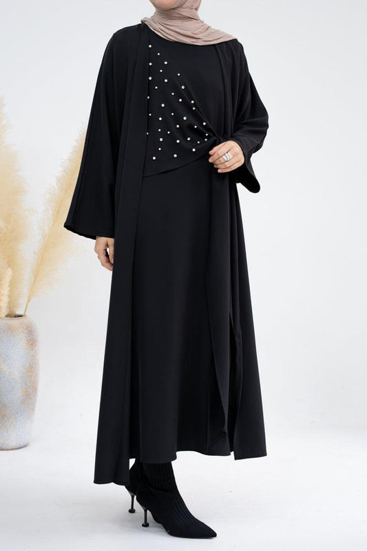 Llaura abaya set with embellished knot bodice and throw over in black - ANNAH HARIRI