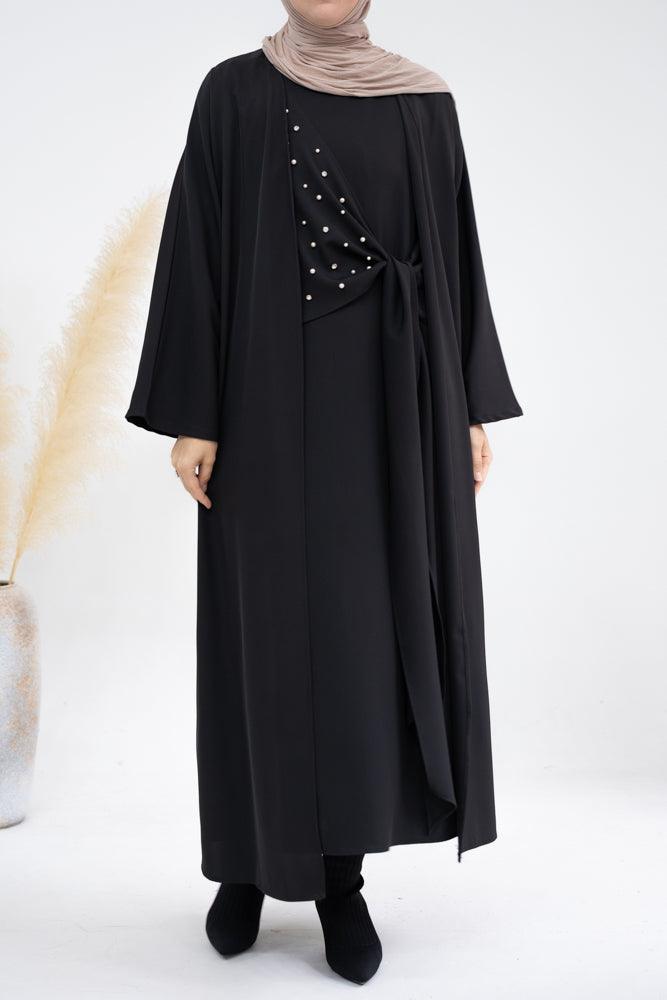Llaura abaya set with embellished knot bodice and throw over in black - ANNAH HARIRI