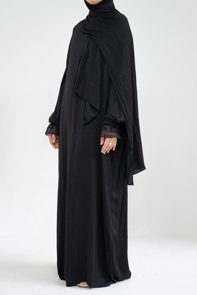 Lsenna lightest prayer gown with attached scarf and pockets in black - ANNAH HARIRI